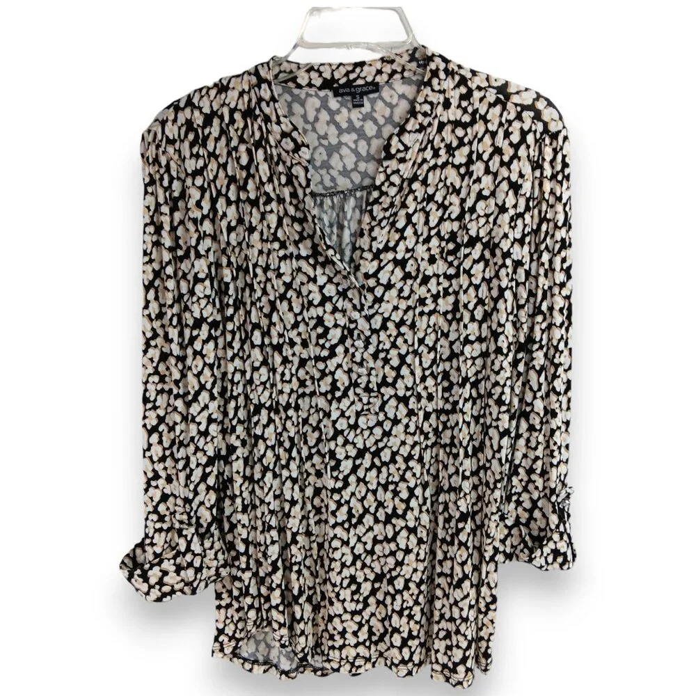 AVA & GRACE-Women's Pleated 3/4 Sleeve-SMALL-Floral-Black with White-Tan Flowers - Picture 4 of 12